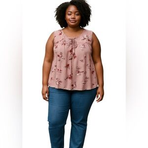 KNOX ROSE FLOWY PINK FLORAL SLEEVELESS PINK TOP Size XXL Tassel Tie Keyhole